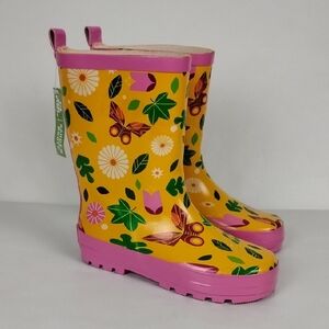 Girl's Rain Boots Butterflies Yellow Pink Size L 9/10 Kids Made Modern Flaw